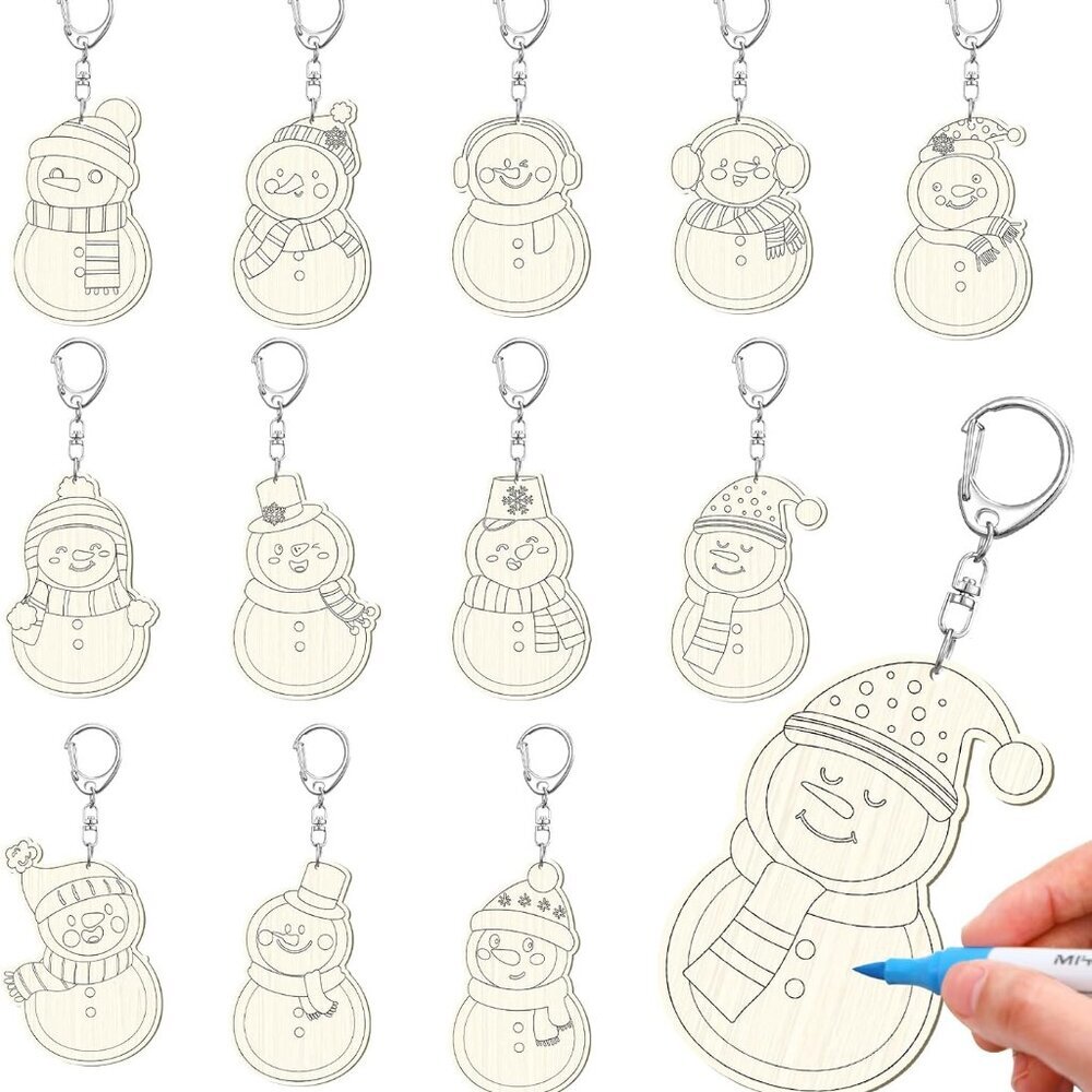 24 Pcs Snowman Craft Color Your Own Keychains Diy Craft Wooden Blank Keychains f